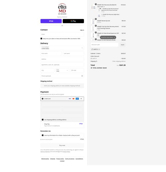 EltaMD checkout page showing EltaMD discount code box | Screenshot taken by SimplyCodes community member on Sep 15, 2025