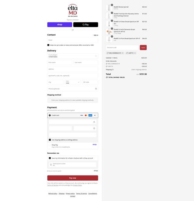 EltaMD checkout page showing EltaMD discount code box | Screenshot taken by SimplyCodes community member on Sep 10, 2025