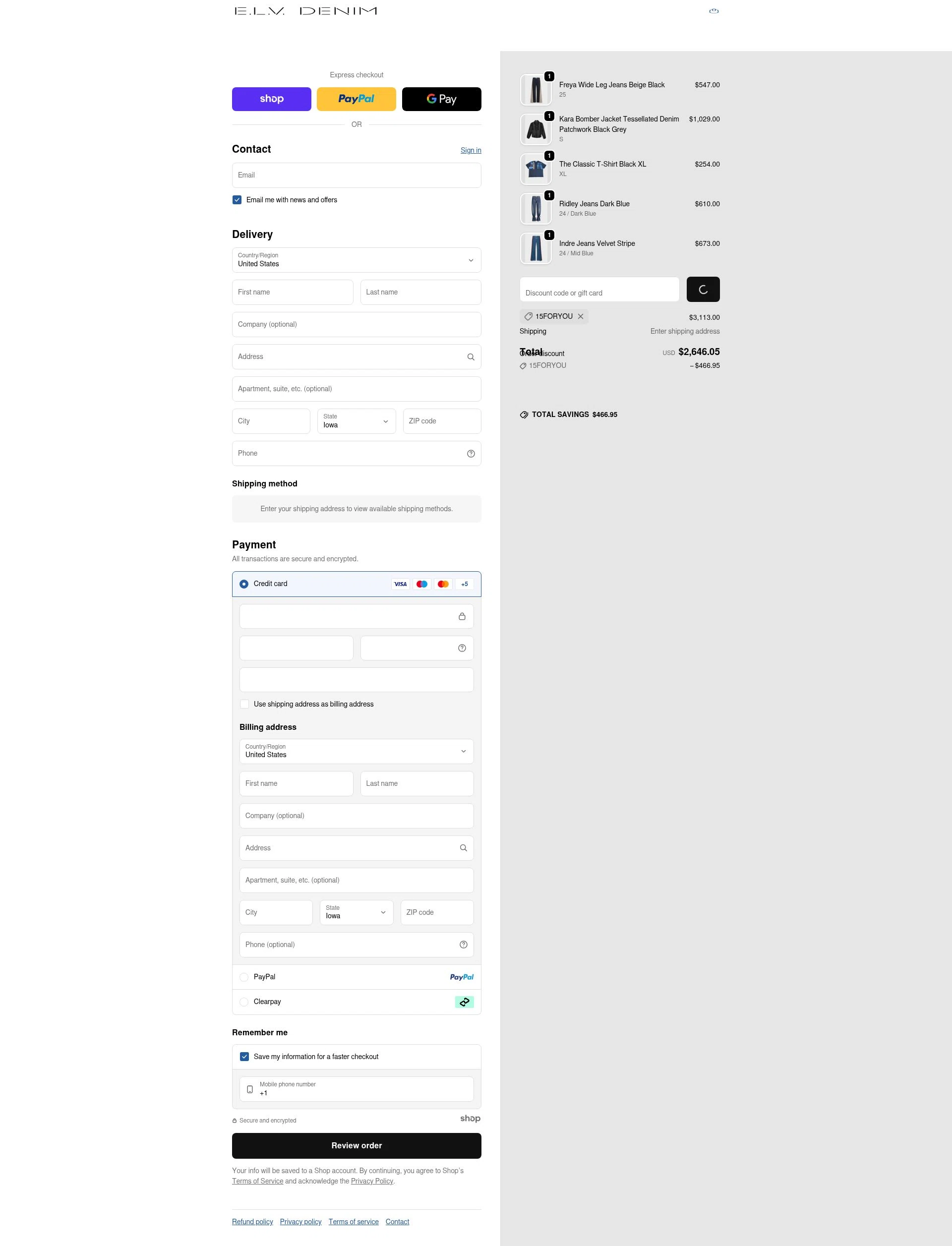 E.L.V. Denim checkout page showing E.L.V. Denim promo code box | Screenshot taken by SimplyCodes community member on Dec 15, 2025