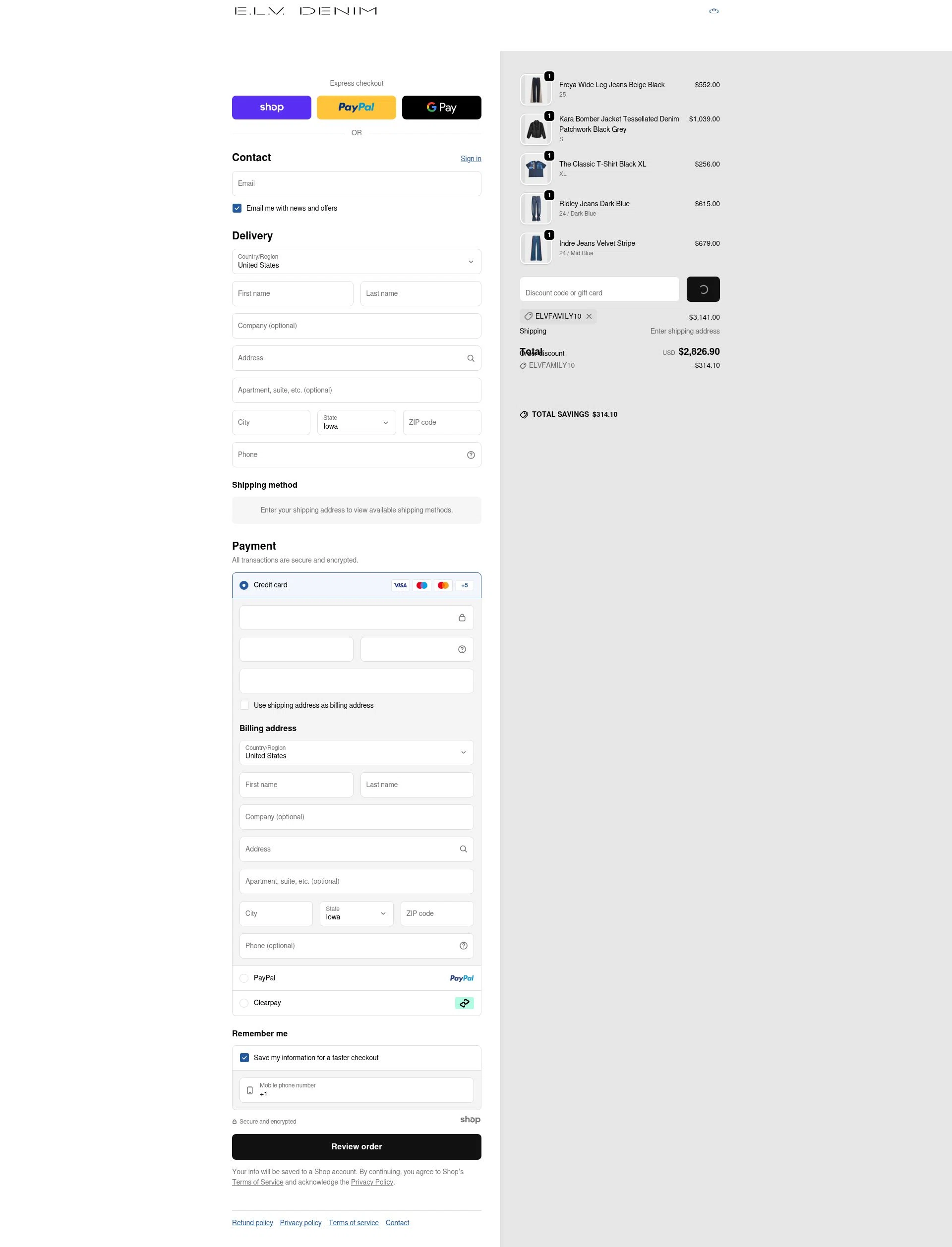 E.L.V. Denim checkout page showing E.L.V. Denim promo code box | Screenshot taken by SimplyCodes community member on Dec 27, 2025