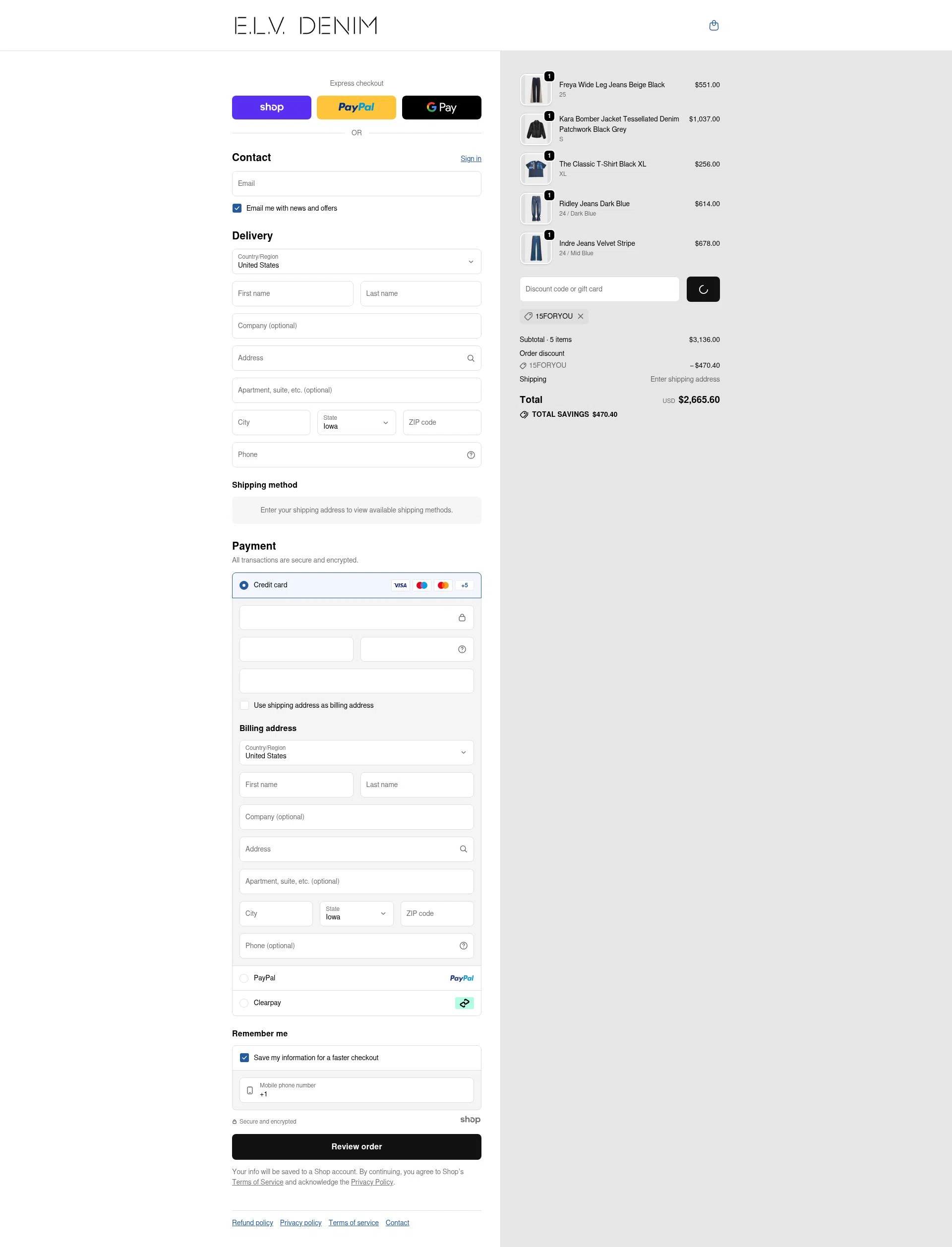 E.L.V. Denim checkout page showing E.L.V. Denim promo code box | Screenshot taken by SimplyCodes community member on Dec 23, 2025