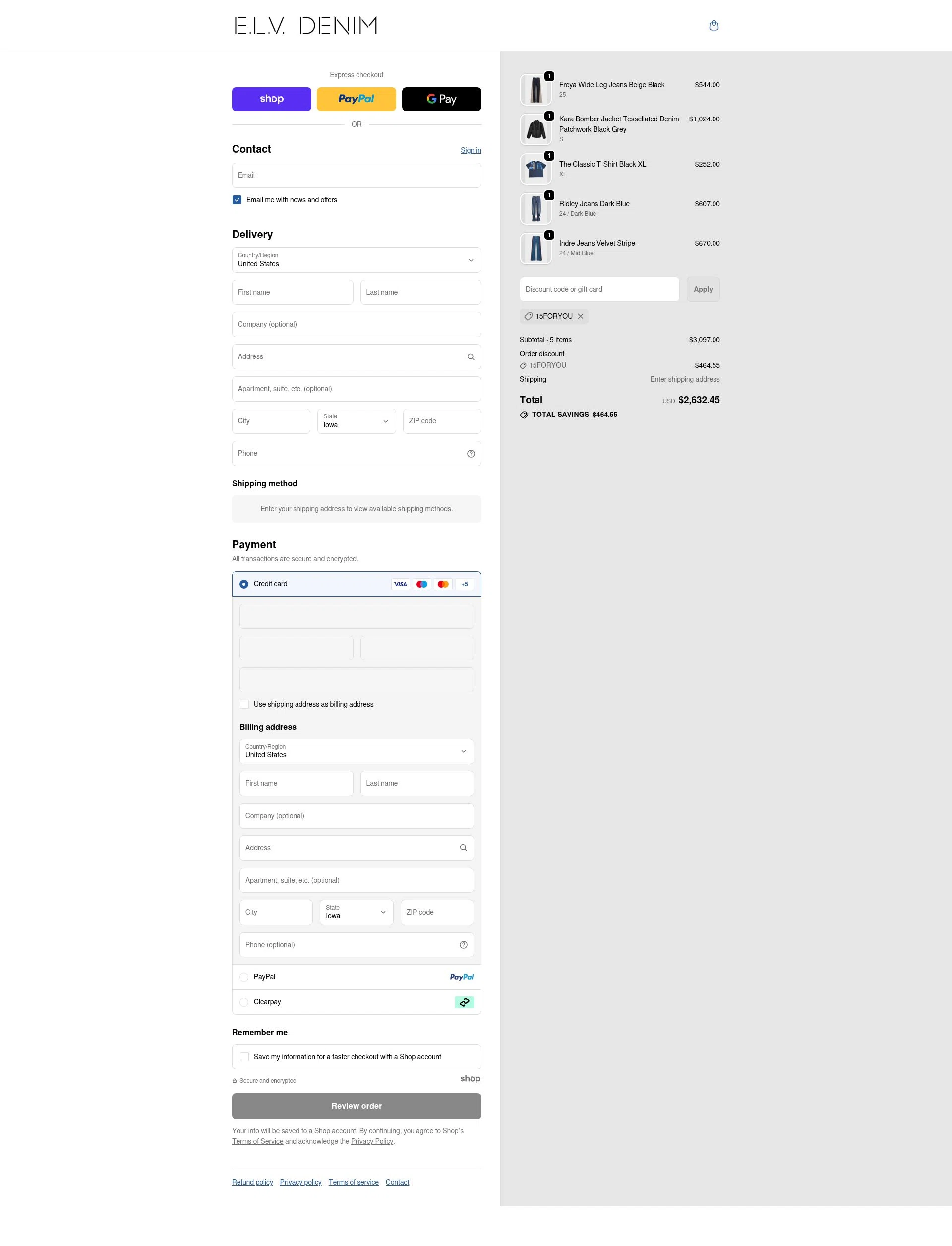 E.L.V. Denim checkout page showing E.L.V. Denim promo code box | Screenshot taken by SimplyCodes community member on Dec 10, 2025