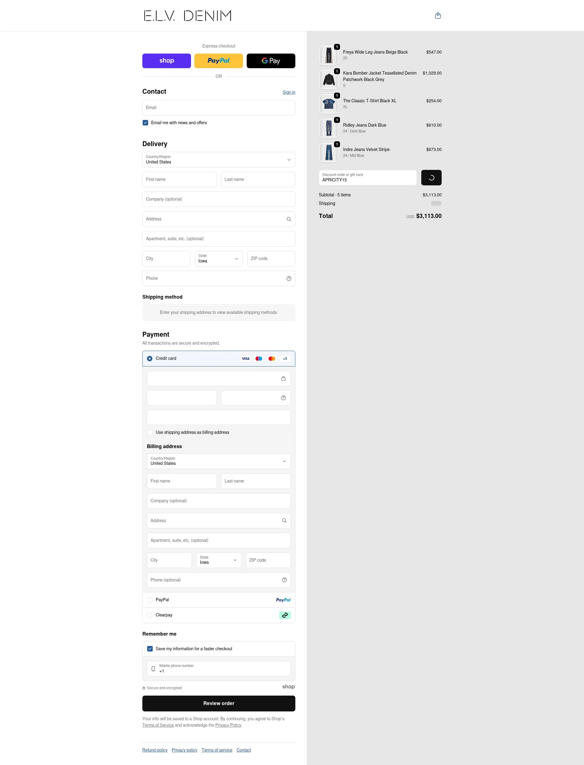 E.L.V. Denim checkout page showing E.L.V. Denim promo code box | Screenshot taken by SimplyCodes community member on Dec 15, 2025