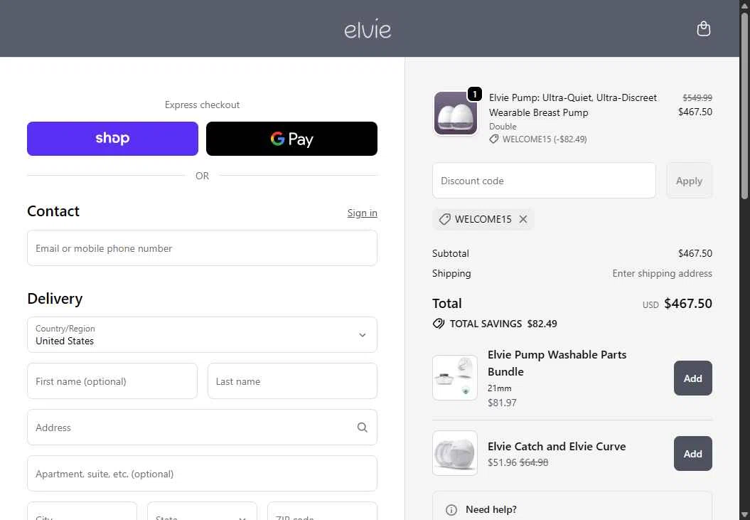 Elvie checkout page showing Elvie promo code box | Screenshot taken by SimplyCodes community member on Jan 14, 2026