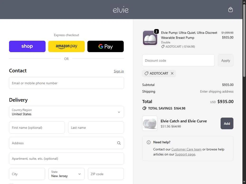 Elvie checkout page showing Elvie promo code box | Screenshot taken by SimplyCodes community member on Jan 19, 2026