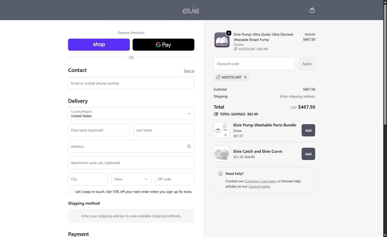 Elvie checkout page showing Elvie promo code box | Screenshot taken by SimplyCodes community member on Feb 3, 2026