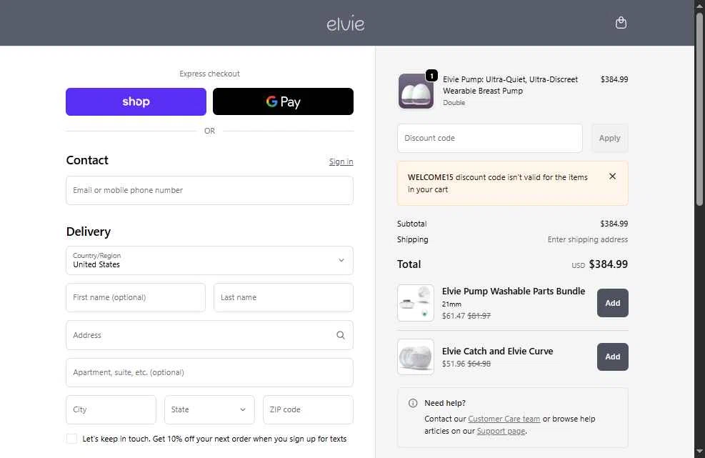 Elvie checkout page showing Elvie promo code box | Screenshot taken by SimplyCodes community member on Feb 17, 2026