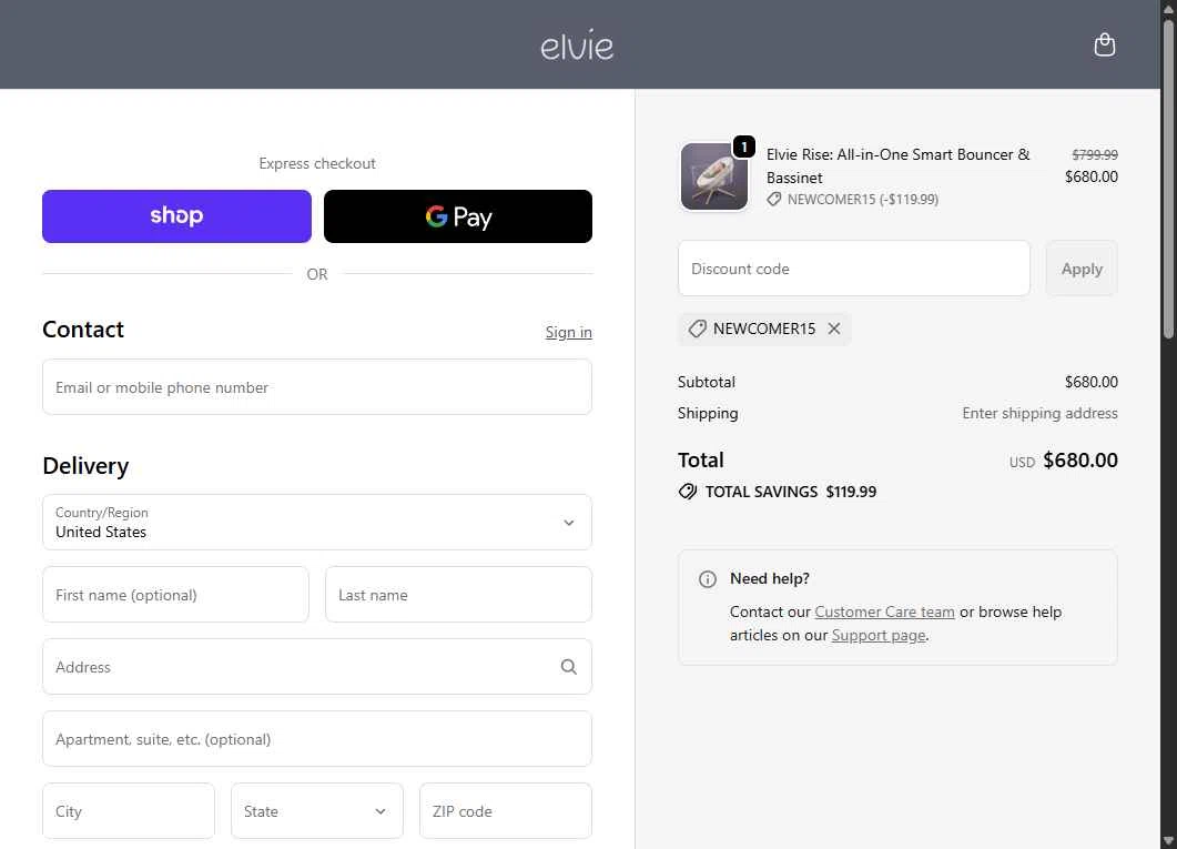 Elvie checkout page showing Elvie promo code box | Screenshot taken by SimplyCodes community member on Jan 14, 2026