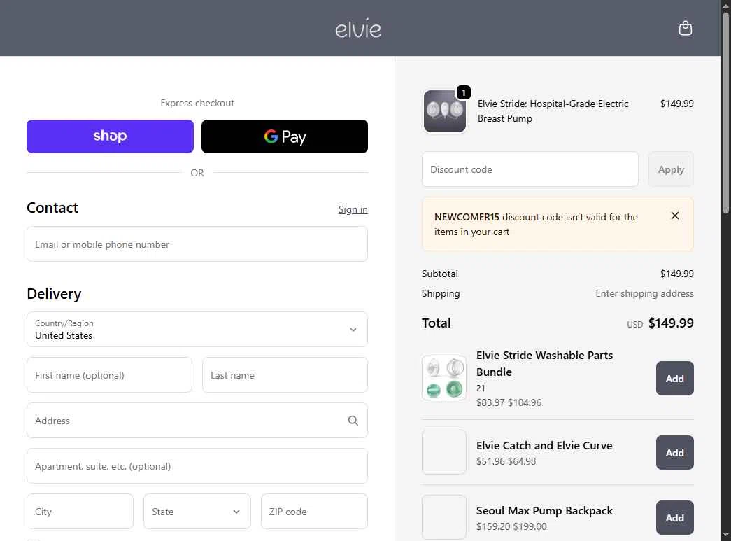Elvie checkout page showing Elvie promo code box | Screenshot taken by SimplyCodes community member on Jan 29, 2026