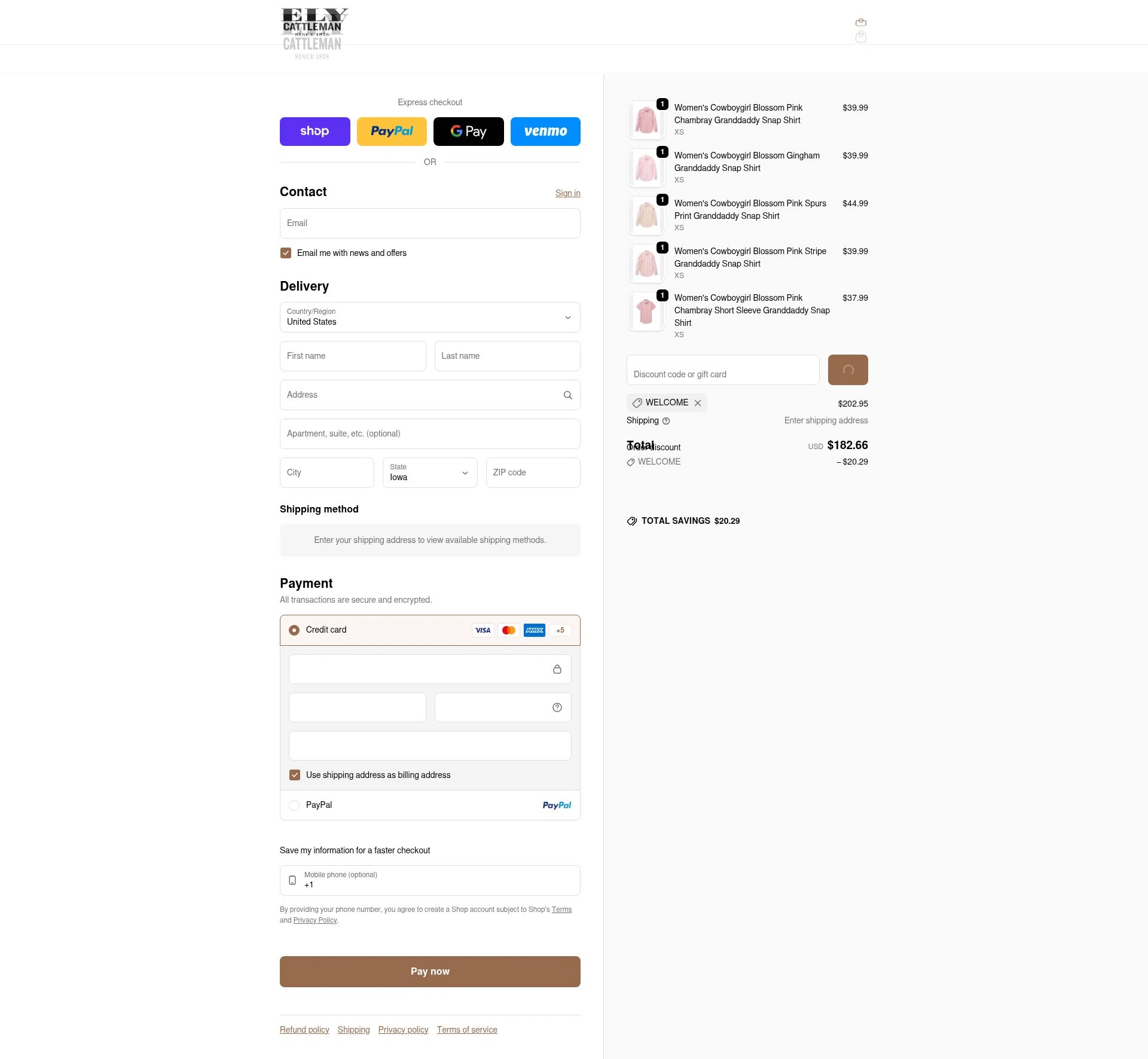 Ely Cattleman checkout page showing Ely Cattleman discount code box | Screenshot taken by SimplyCodes community member on Feb 16, 2026
