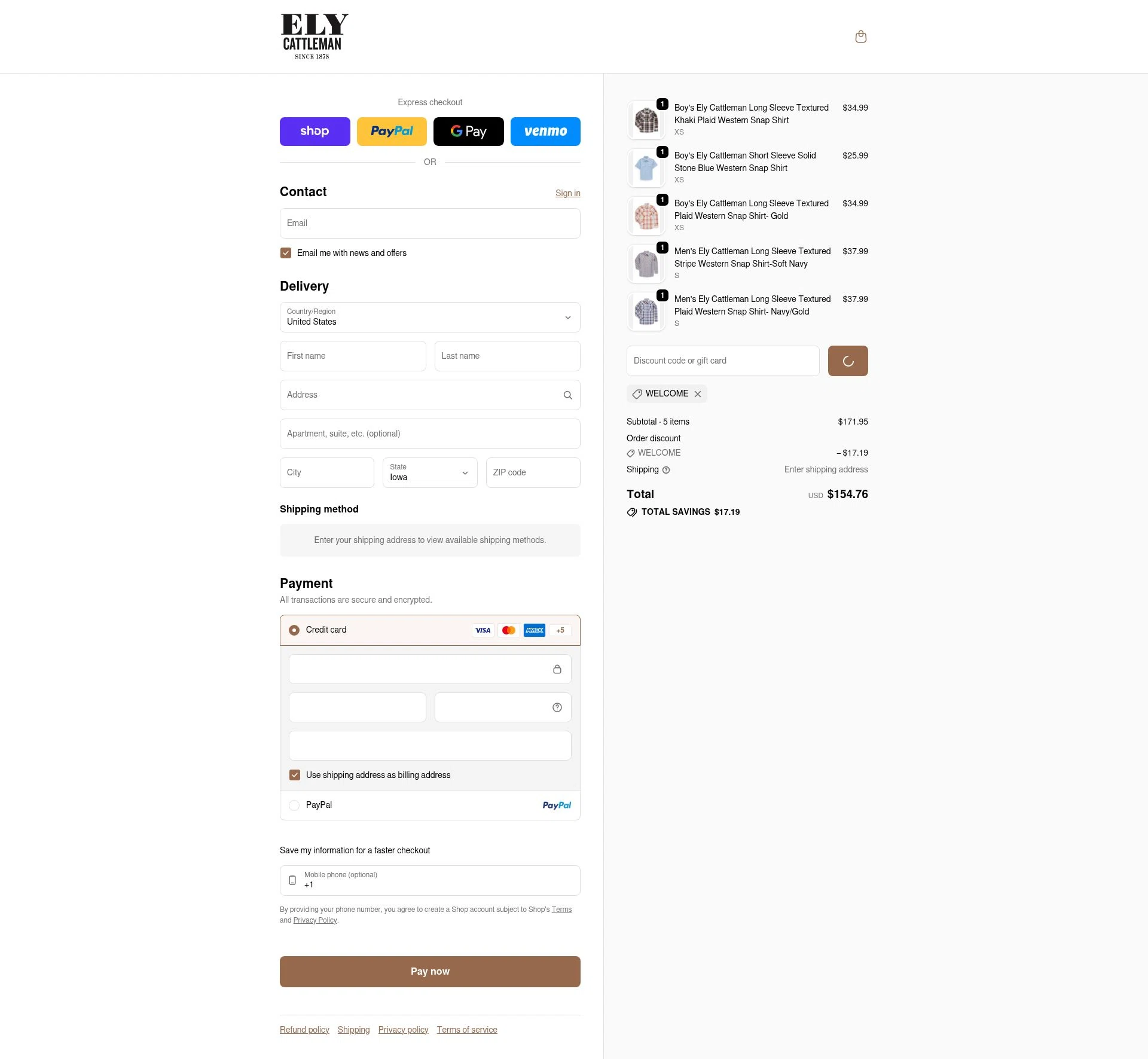 Ely Cattleman checkout page showing Ely Cattleman discount code box | Screenshot taken by SimplyCodes community member on Feb 11, 2026