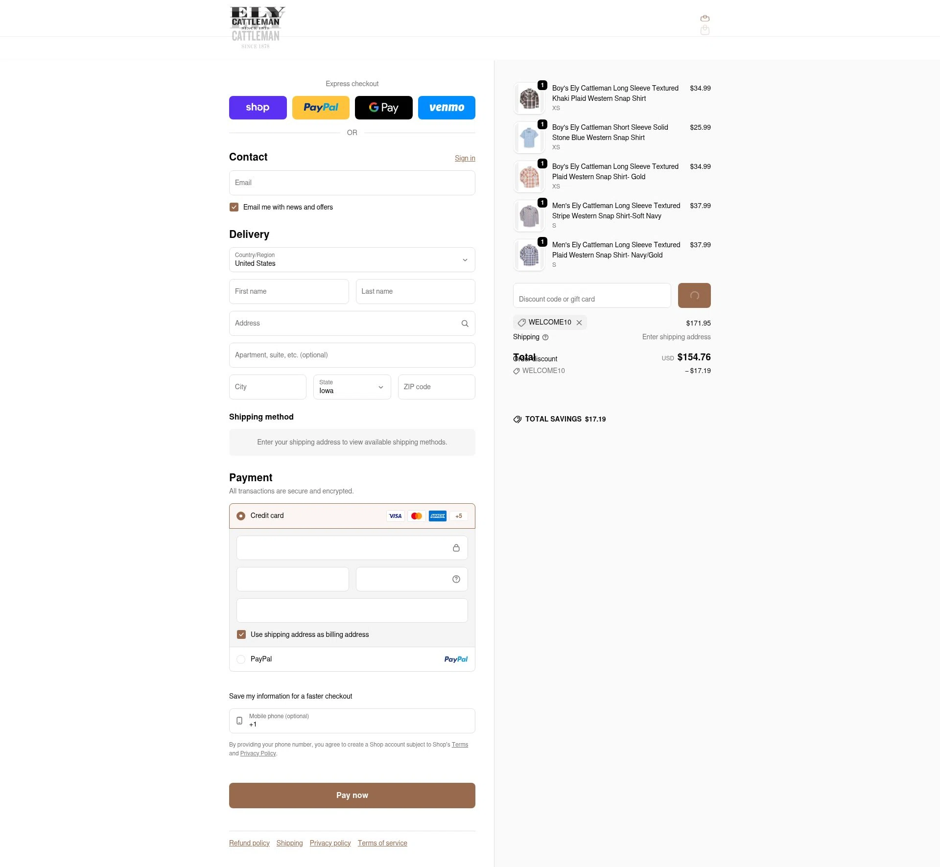 Ely Cattleman checkout page showing Ely Cattleman discount code box | Screenshot taken by SimplyCodes community member on Feb 11, 2026
