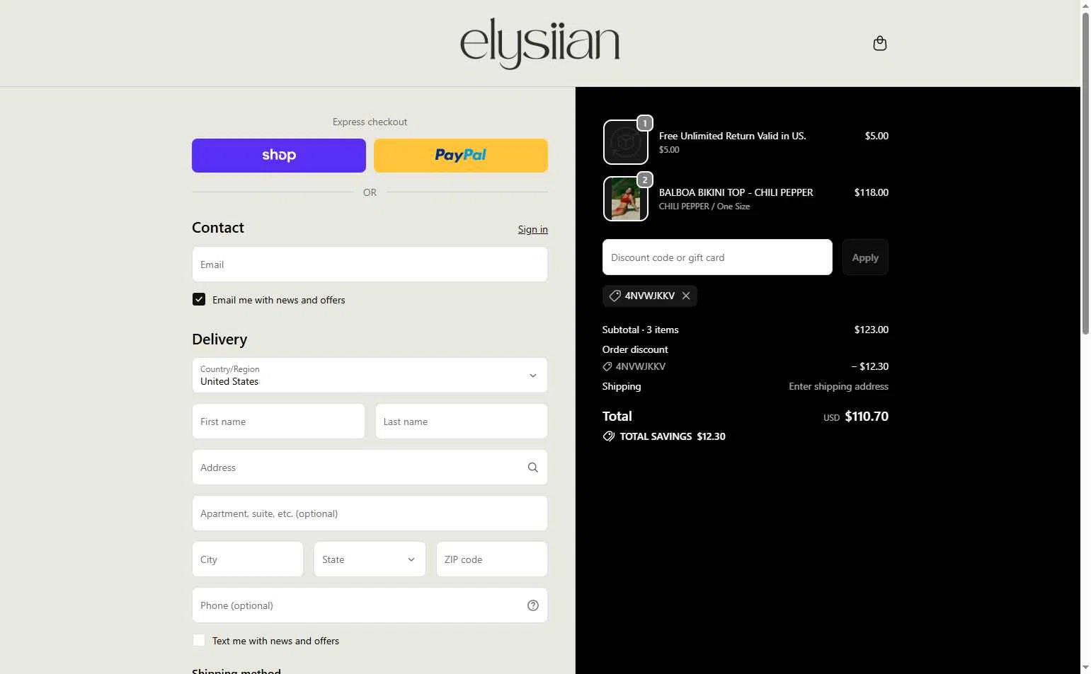 ELYSIIAN checkout page showing ELYSIIAN discount code box | Screenshot taken by SimplyCodes community member on Feb 10, 2026