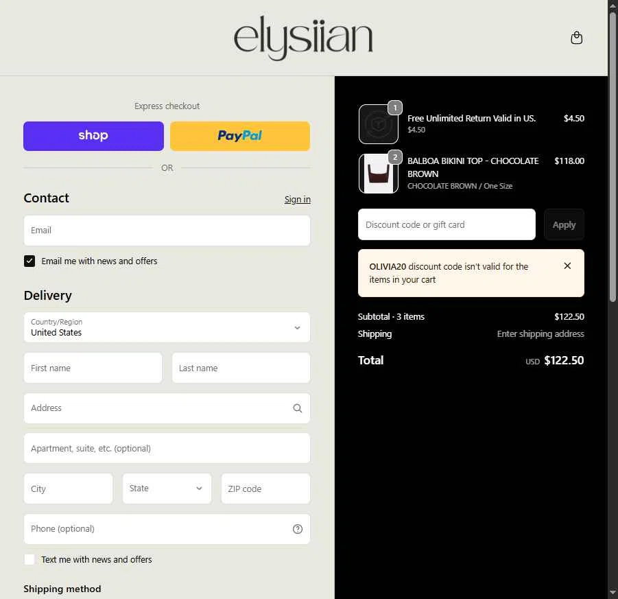 ELYSIIAN checkout page showing ELYSIIAN discount code box | Screenshot taken by SimplyCodes community member on Feb 16, 2026