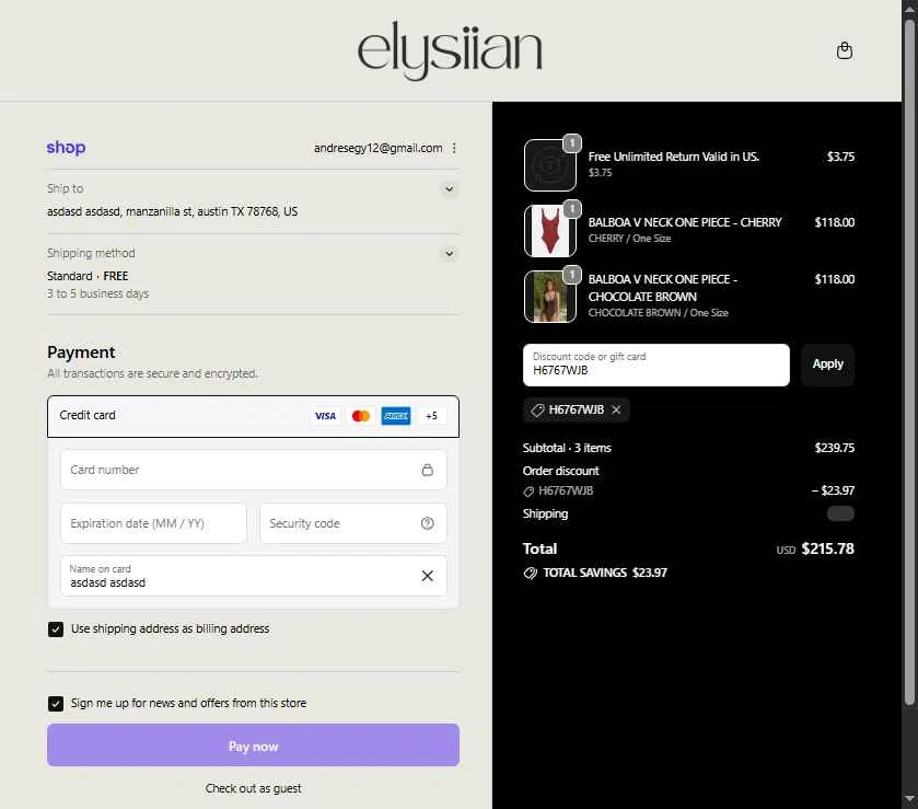 ELYSIIAN checkout page showing ELYSIIAN discount code box | Screenshot taken by SimplyCodes community member on Feb 15, 2026