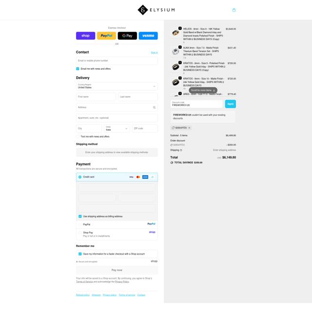 Elysium Rings checkout page showing Elysium Rings promo code box | Screenshot taken by SimplyCodes community member on Sep 29, 2025