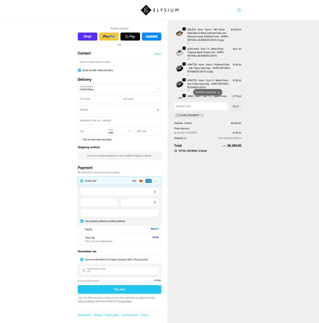 Elysium Rings checkout page showing Elysium Rings promo code box | Screenshot taken by SimplyCodes community member on Sep 21, 2025