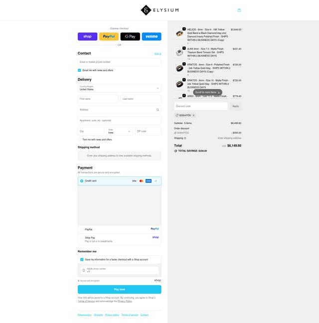 Elysium Rings checkout page showing Elysium Rings promo code box | Screenshot taken by SimplyCodes community member on Sep 21, 2025