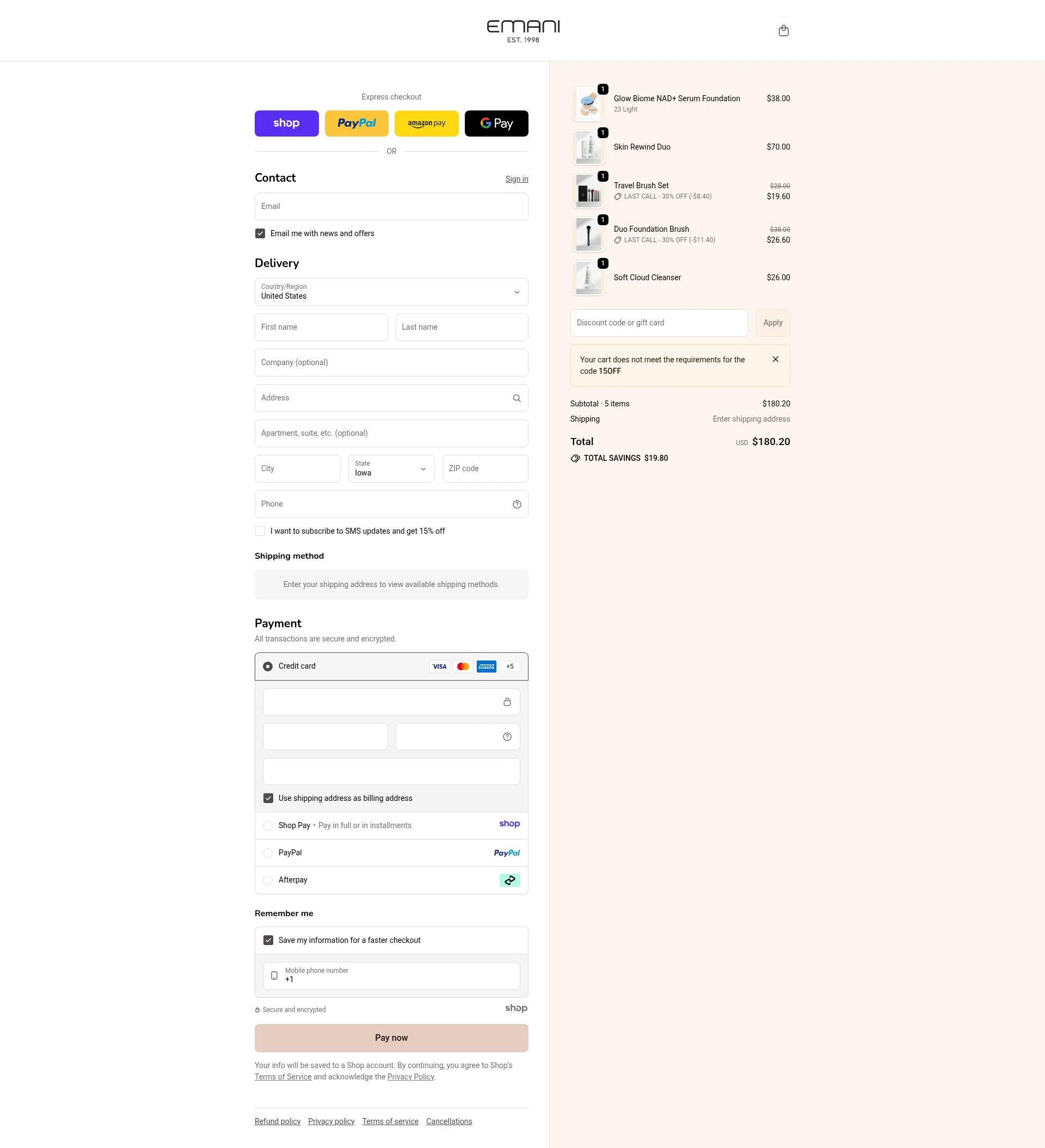 Emani Vegan Cosmetics checkout page showing Emani Vegan Cosmetics promo code box | Screenshot taken by SimplyCodes community member on Jan 7, 2026
