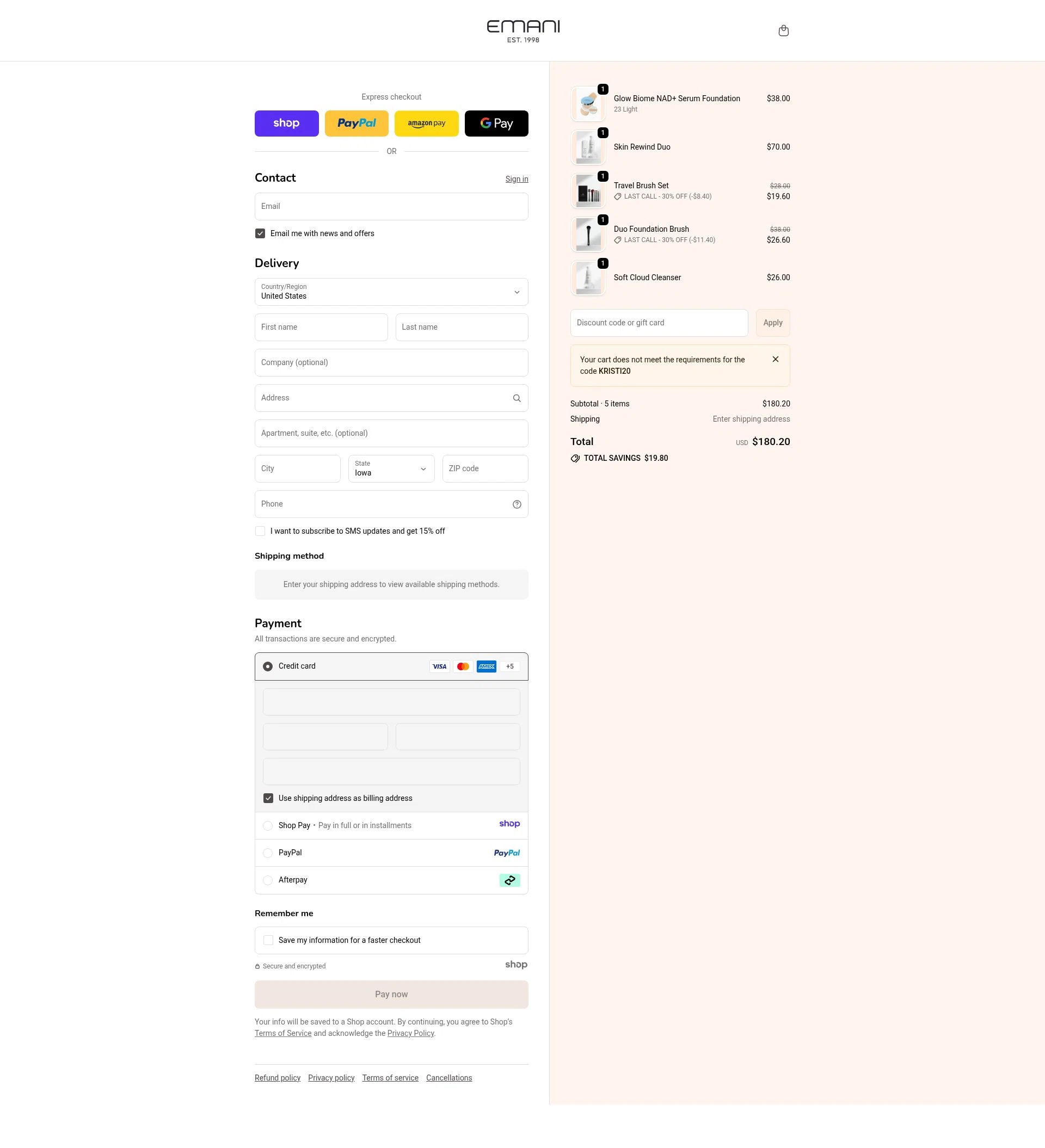 Emani Vegan Cosmetics checkout page showing Emani Vegan Cosmetics promo code box | Screenshot taken by SimplyCodes community member on Jan 7, 2026