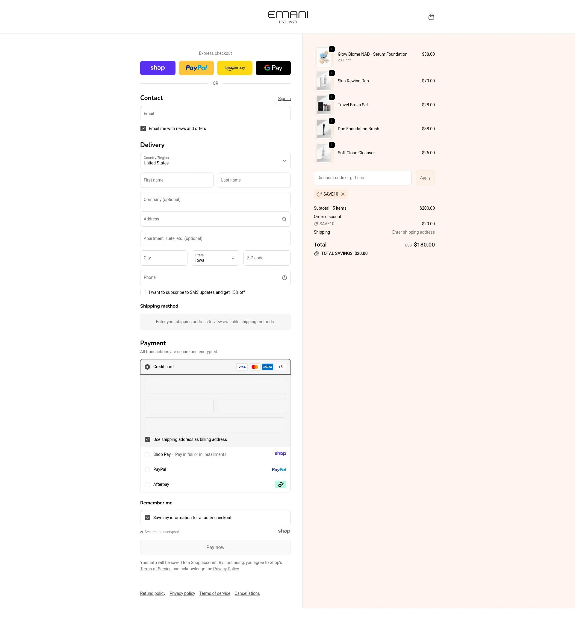 Emani Vegan Cosmetics checkout page showing Emani Vegan Cosmetics promo code box | Screenshot taken by SimplyCodes community member on Jan 7, 2026