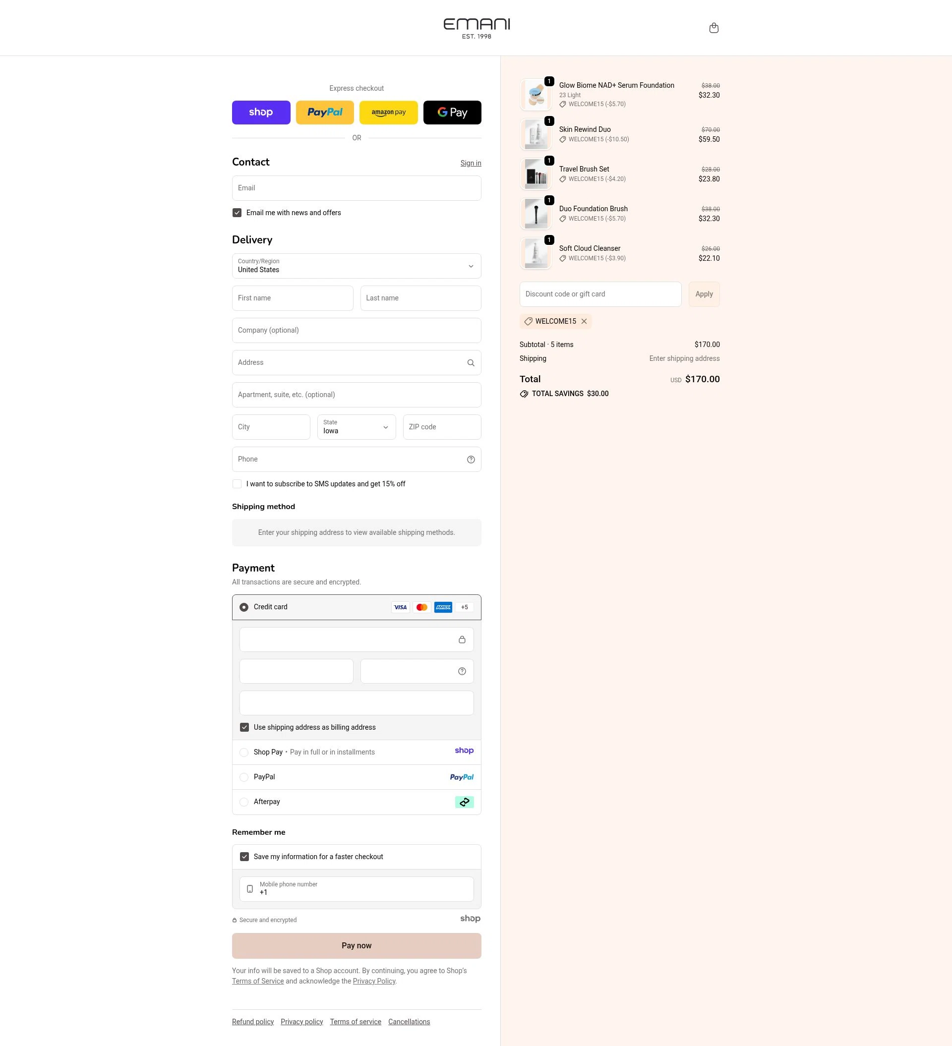 Emani Vegan Cosmetics checkout page showing Emani Vegan Cosmetics promo code box | Screenshot taken by SimplyCodes community member on Jan 7, 2026