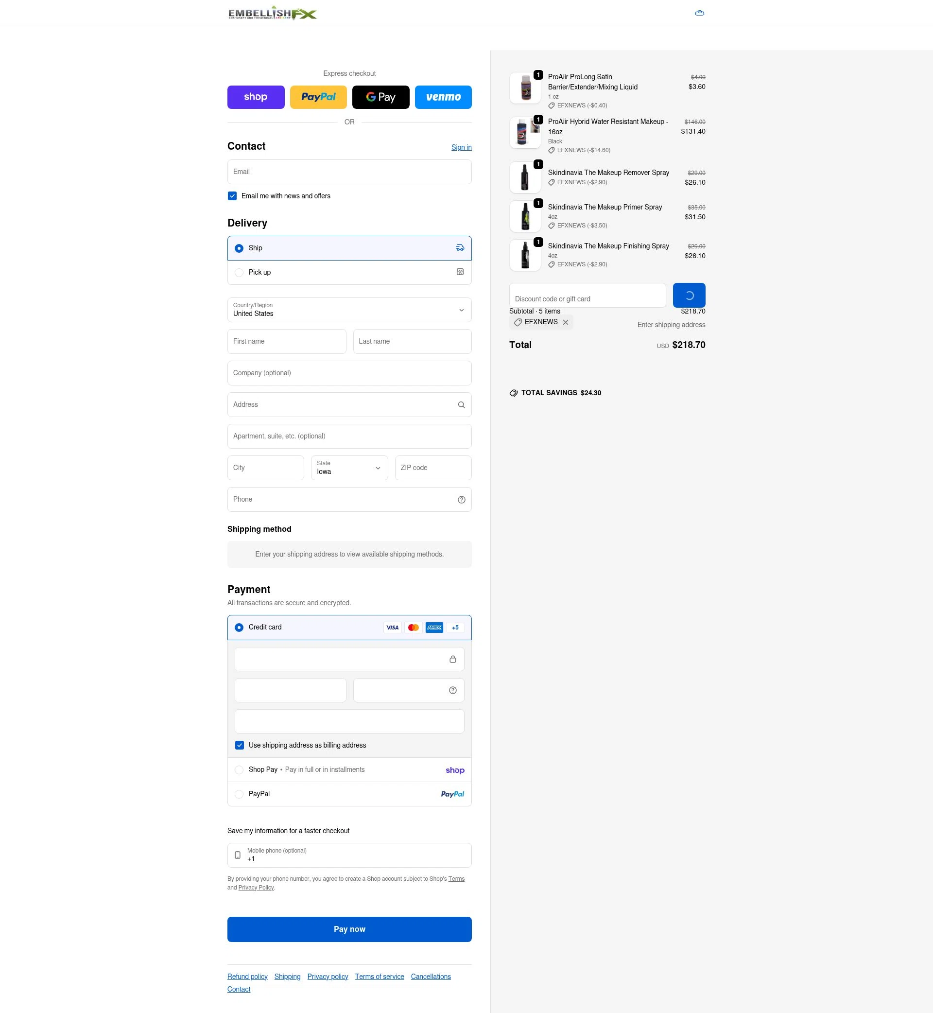 Embellish FX checkout page showing Embellish FX coupon code box | Screenshot taken by SimplyCodes community member on Feb 2, 2026