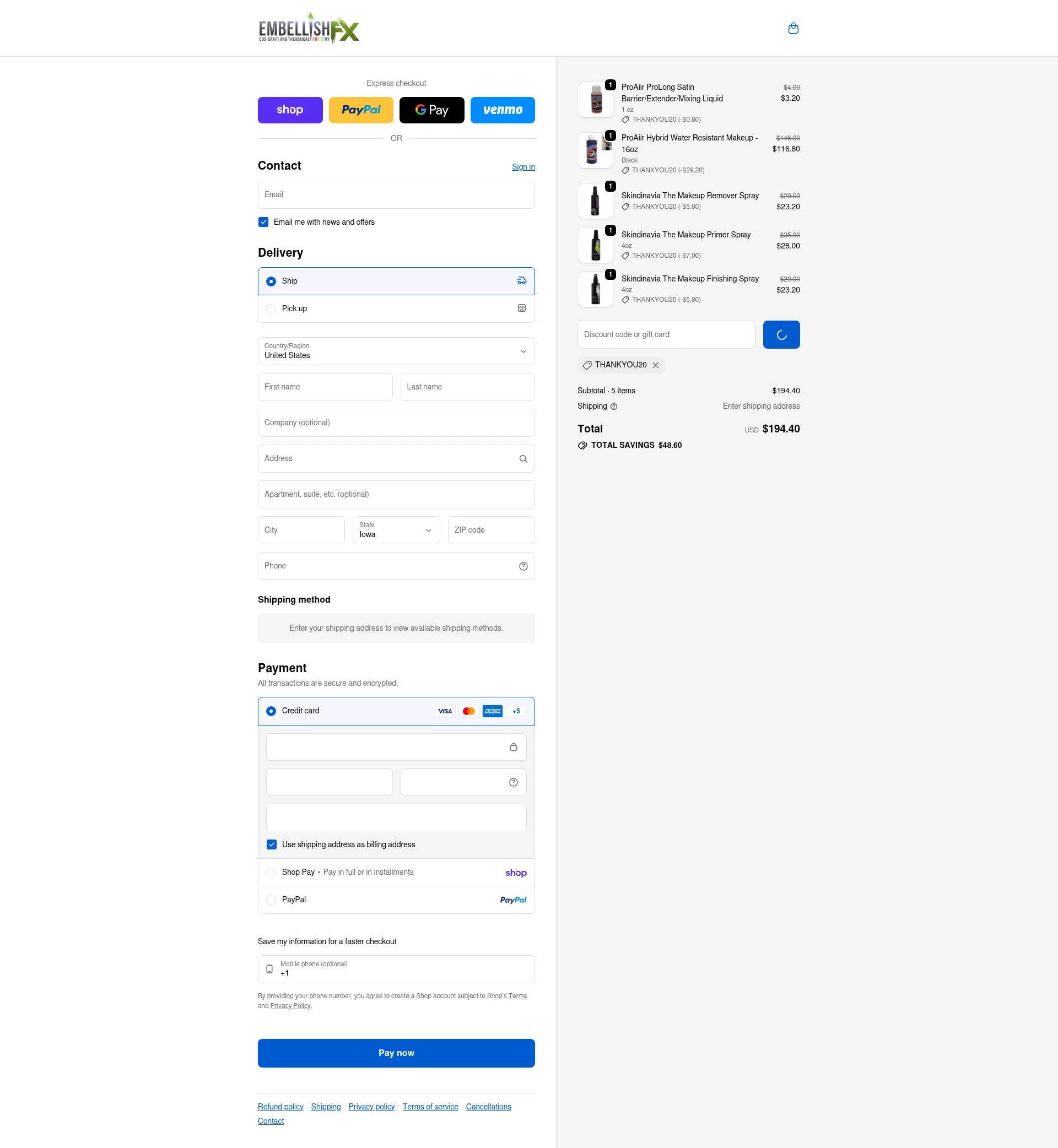 Embellish FX checkout page showing Embellish FX coupon code box | Screenshot taken by SimplyCodes community member on Feb 2, 2026