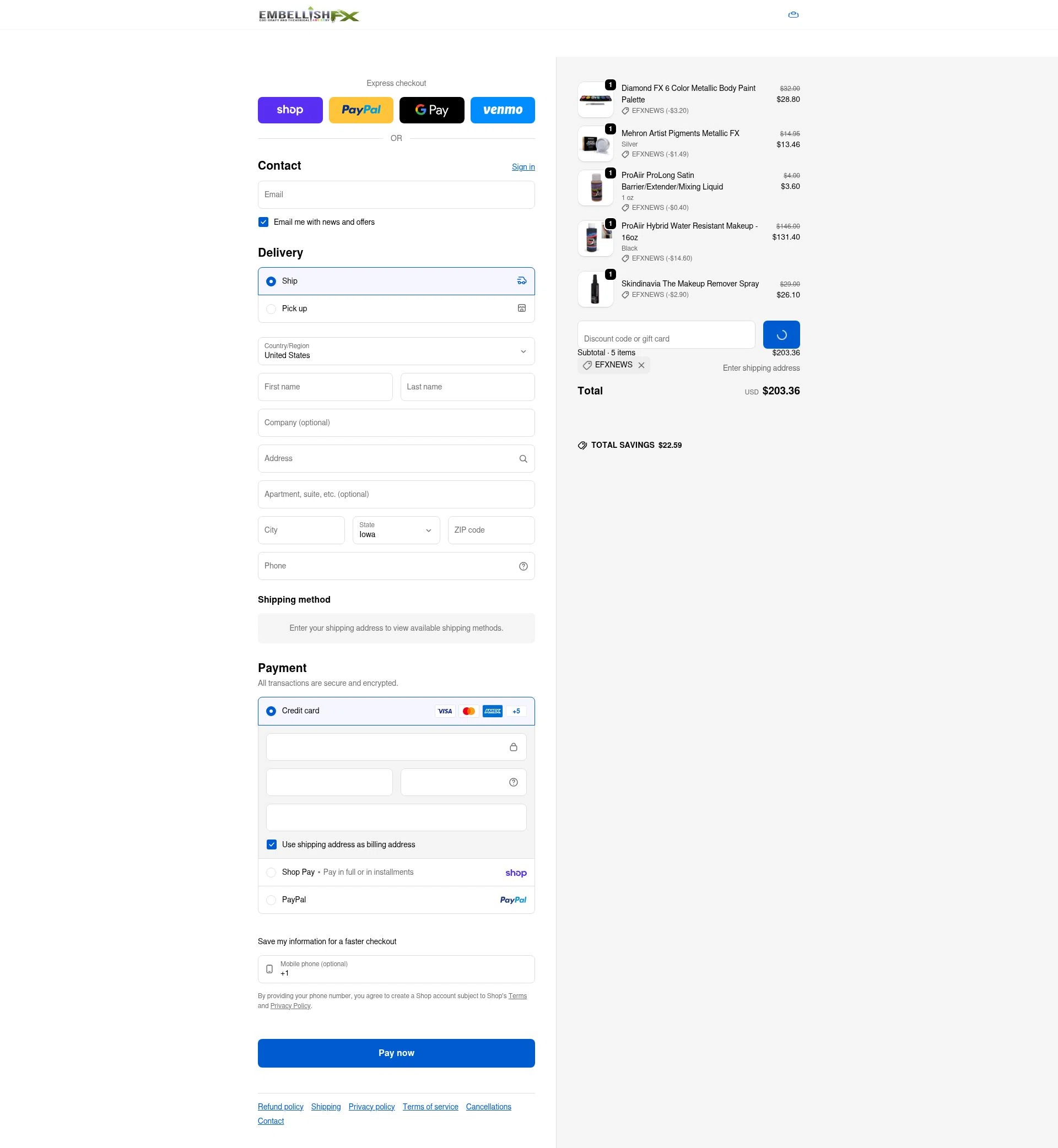 Embellish FX checkout page showing Embellish FX coupon code box | Screenshot taken by SimplyCodes community member on Feb 11, 2026