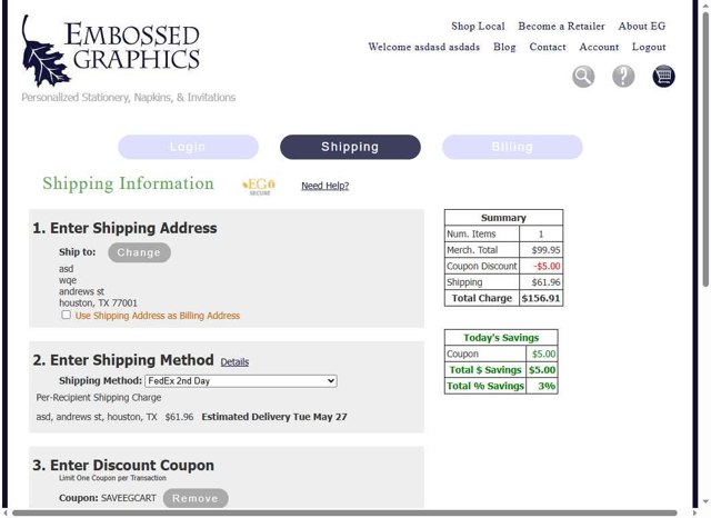 Embossed Graphics checkout page showing Embossed Graphics coupon code box | Screenshot taken by SimplyCodes community member on May 16, 2025