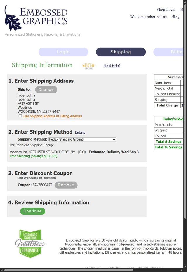 Embossed Graphics checkout page showing Embossed Graphics coupon code box | Screenshot taken by SimplyCodes community member on Aug 25, 2025