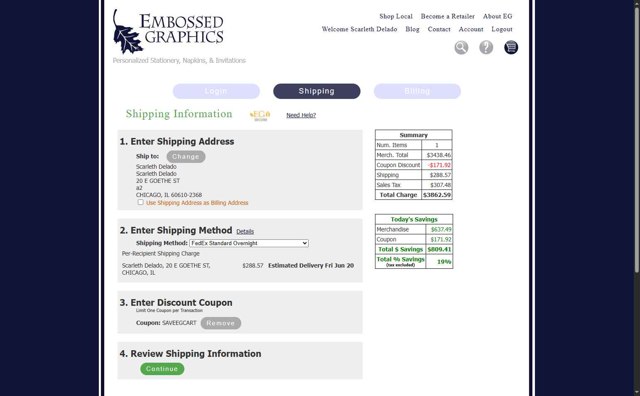 Embossed Graphics checkout page showing Embossed Graphics coupon code box | Screenshot taken by SimplyCodes community member on Jun 14, 2025