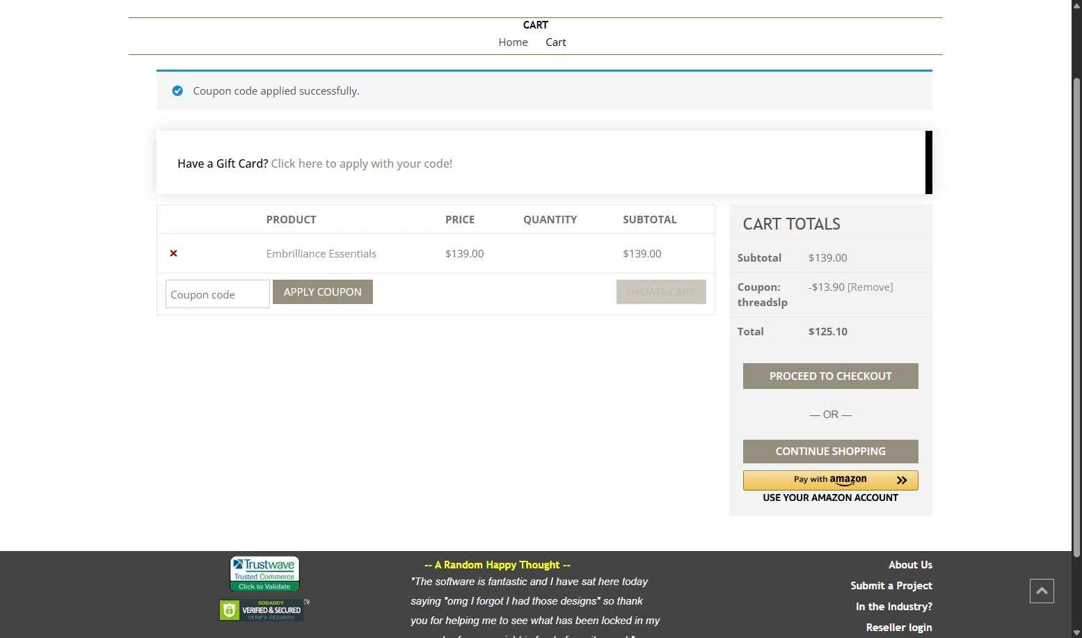 Embrilliance checkout page showing Embrilliance coupon code box | Screenshot taken by SimplyCodes community member on Nov 14, 2025