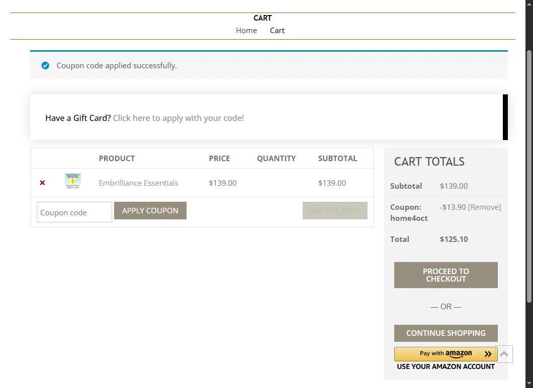 Embrilliance checkout page showing Embrilliance coupon code box | Screenshot taken by SimplyCodes community member on Oct 14, 2025