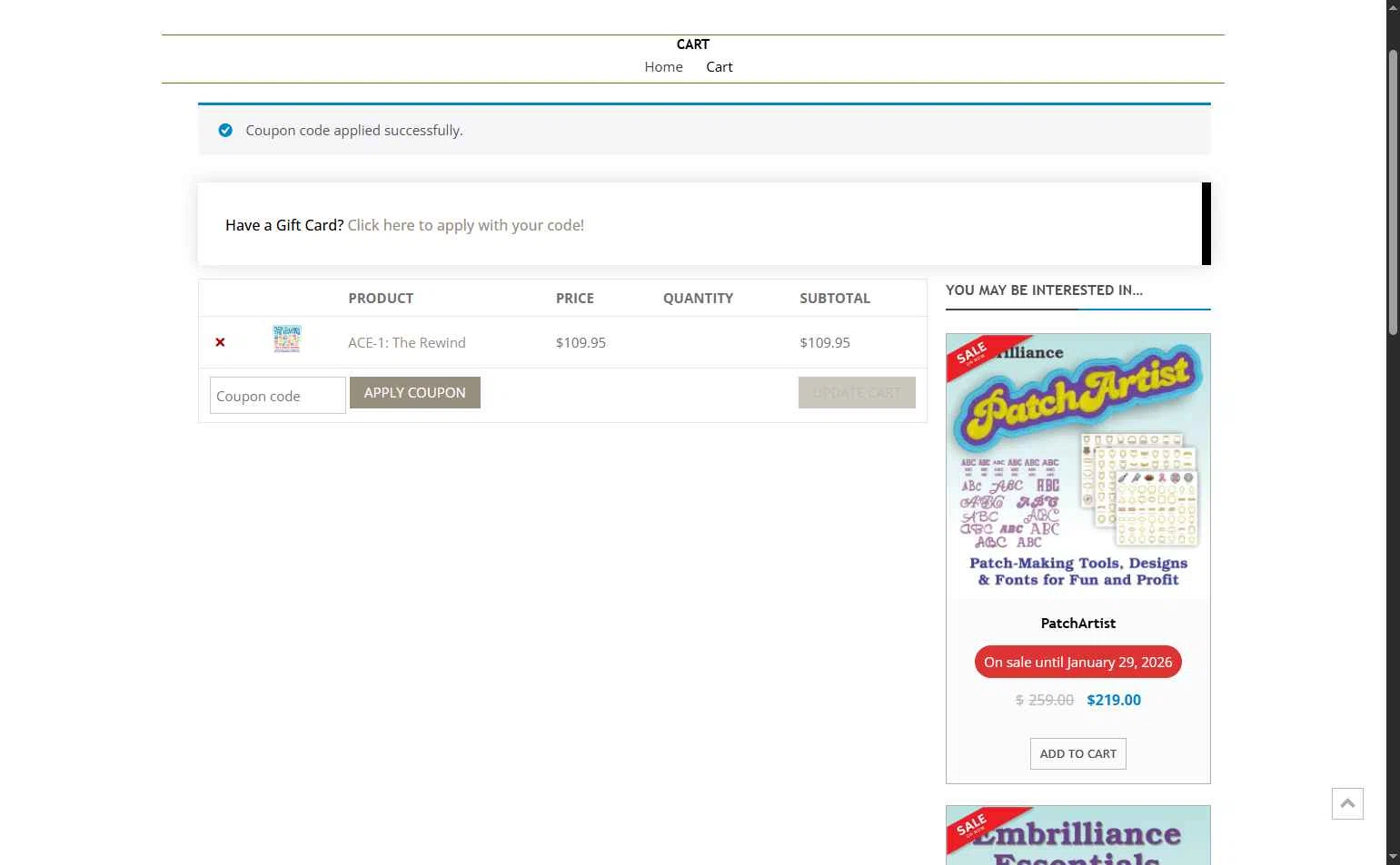 Embrilliance checkout page showing Embrilliance coupon code box | Screenshot taken by SimplyCodes community member on Jan 26, 2026