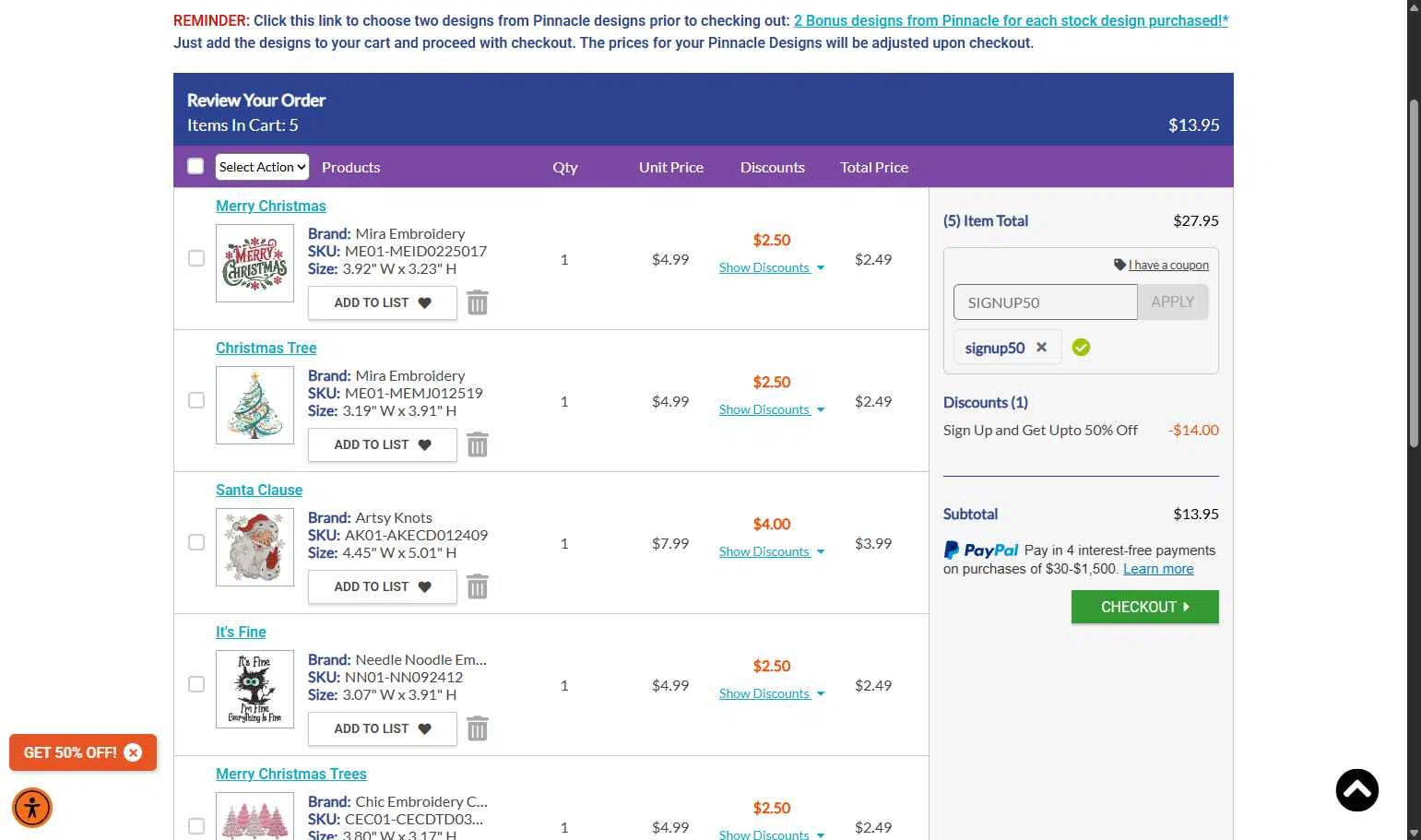 Embroidery Designs checkout page showing Embroidery Designs coupon code box | Screenshot taken by SimplyCodes community member on Dec 9, 2025
