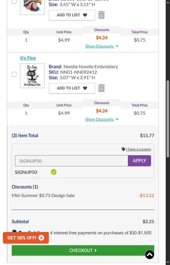 Embroidery Designs checkout page showing Embroidery Designs coupon code box | Screenshot taken by SimplyCodes community member on Jul 26, 2025