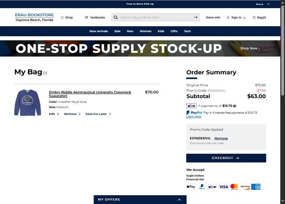 Embry-Riddle Eagles checkout page showing Embry-Riddle Eagles promo code box | Screenshot taken by SimplyCodes community member on Feb 7, 2026