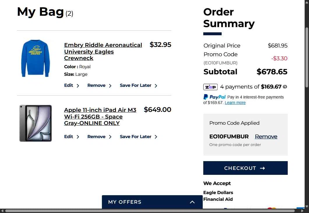Embry-Riddle Eagles checkout page showing Embry-Riddle Eagles promo code box | Screenshot taken by SimplyCodes community member on Feb 3, 2026
