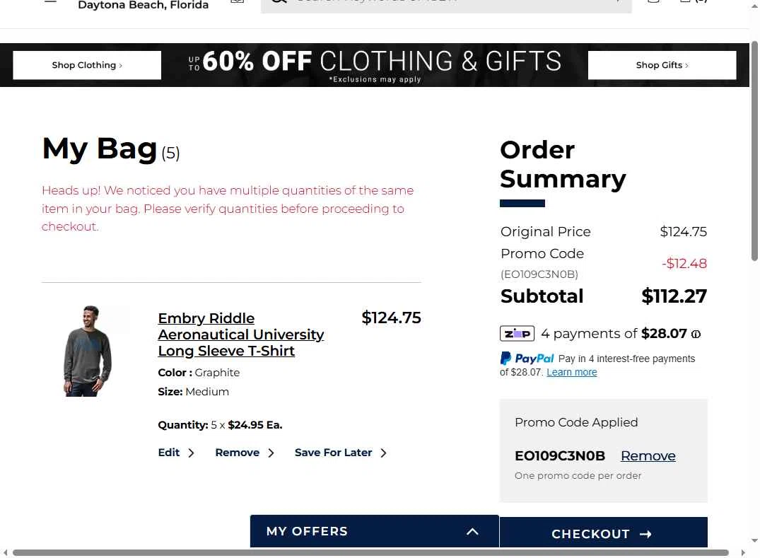 Embry-Riddle Eagles checkout page showing Embry-Riddle Eagles promo code box | Screenshot taken by SimplyCodes community member on Feb 9, 2026