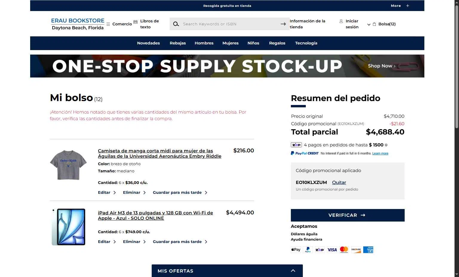 Embry-Riddle Eagles checkout page showing Embry-Riddle Eagles promo code box | Screenshot taken by SimplyCodes community member on Feb 7, 2026