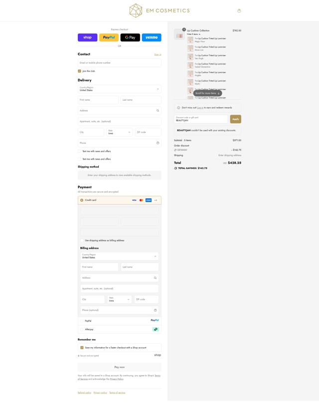 EM Cosmetics checkout page showing EM Cosmetics discount code box | Screenshot taken by SimplyCodes community member on Sep 12, 2025