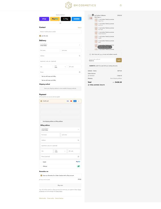 EM Cosmetics checkout page showing EM Cosmetics discount code box | Screenshot taken by SimplyCodes community member on Sep 12, 2025