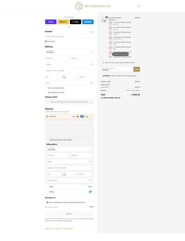 EM Cosmetics checkout page showing EM Cosmetics discount code box | Screenshot taken by SimplyCodes community member on Sep 4, 2025
