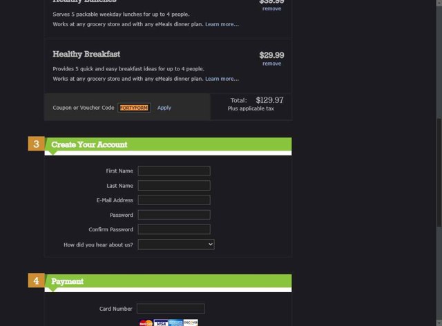 EMeals checkout page showing EMeals coupon code box | Screenshot taken by SimplyCodes community member on Sep 3, 2025