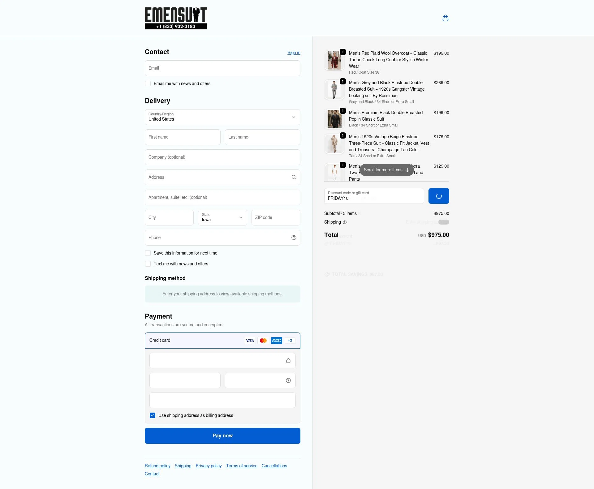 Emensuits checkout page showing Emensuits coupon code box | Screenshot taken by SimplyCodes community member on Dec 29, 2025