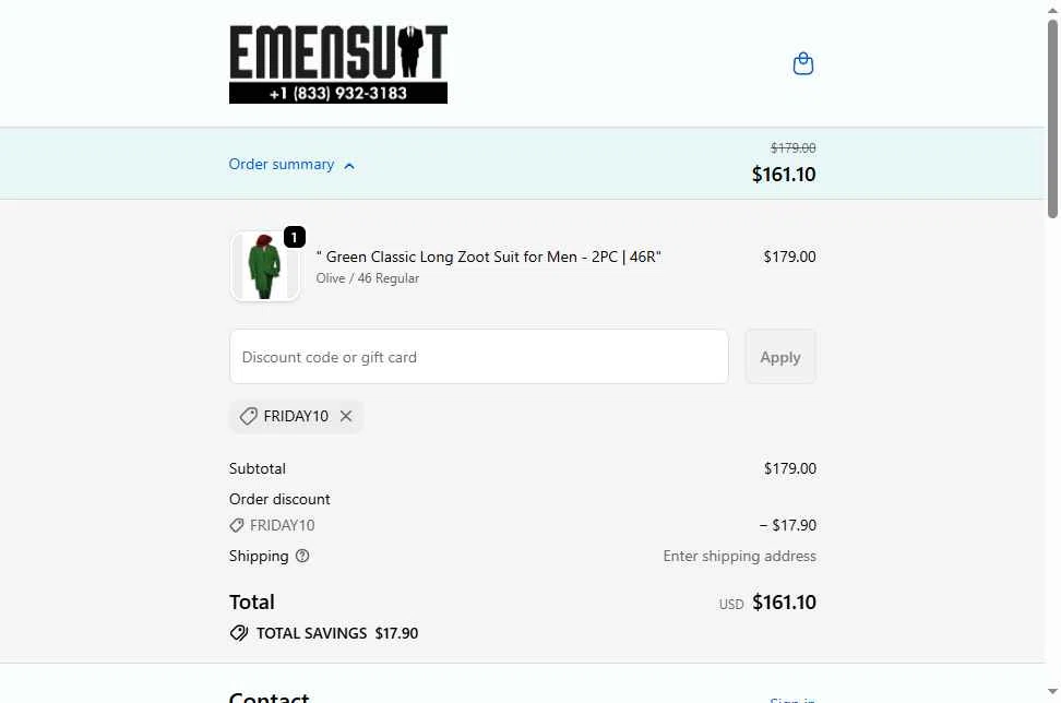 Emensuits checkout page showing Emensuits coupon code box | Screenshot taken by SimplyCodes community member on Dec 29, 2025