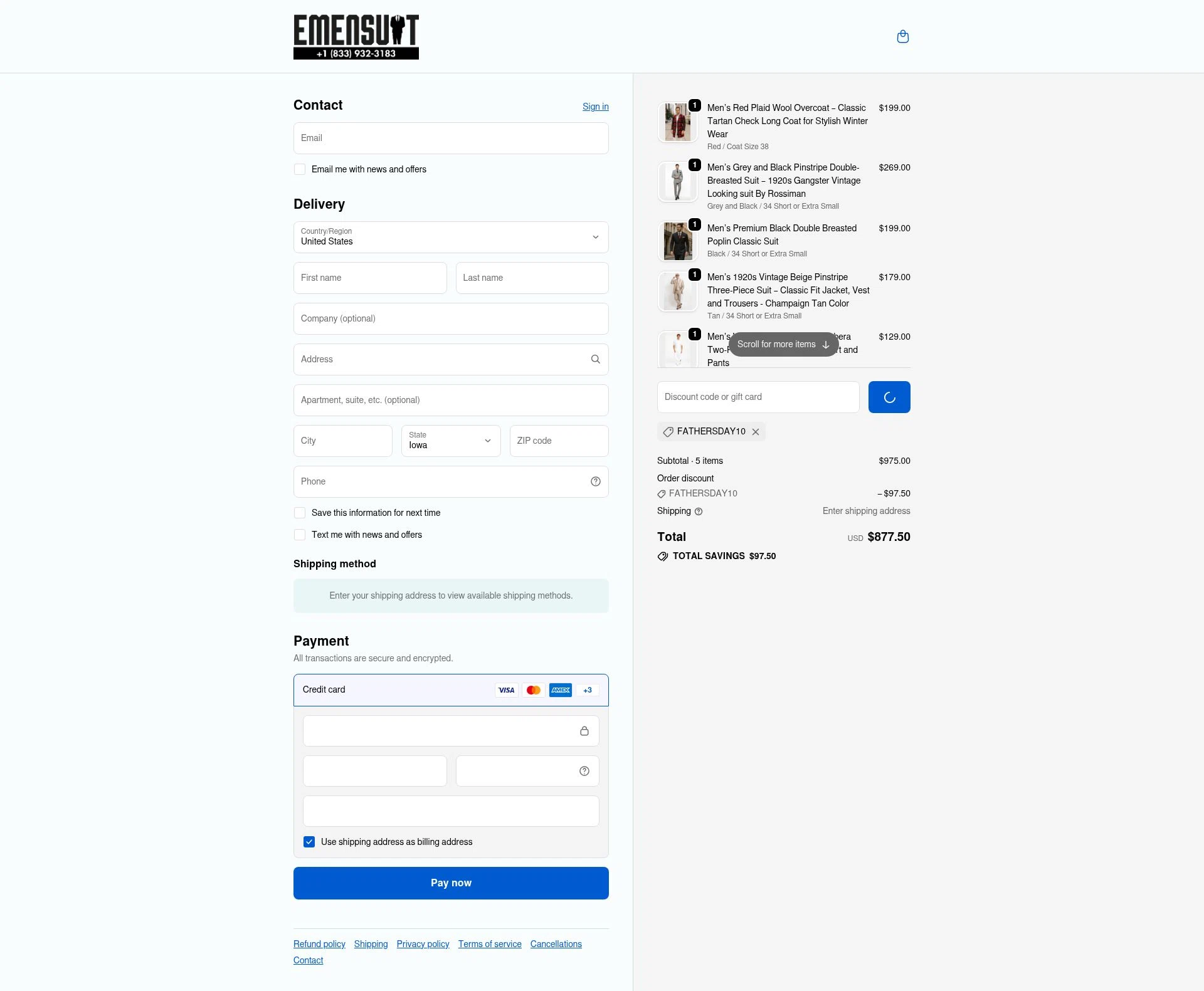 Emensuits checkout page showing Emensuits coupon code box | Screenshot taken by SimplyCodes community member on Dec 29, 2025