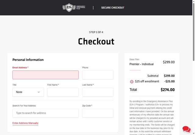 Emergency Assistance Plus checkout page showing Emergency Assistance Plus discount code box | Screenshot taken by SimplyCodes community member on Jun 7, 2025