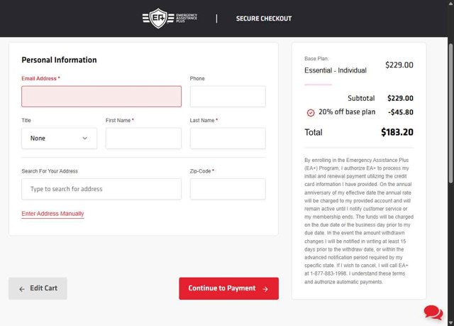 Emergency Assistance Plus checkout page showing Emergency Assistance Plus discount code box | Screenshot taken by SimplyCodes community member on Jul 4, 2025